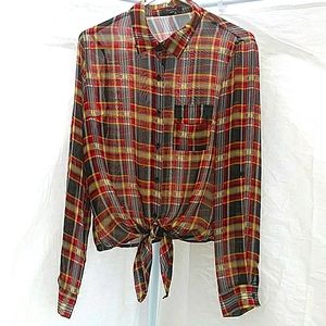 Sheer Tartan Plaid Blouse - Tie-Waist and Cuff - Gently Used - Size Large